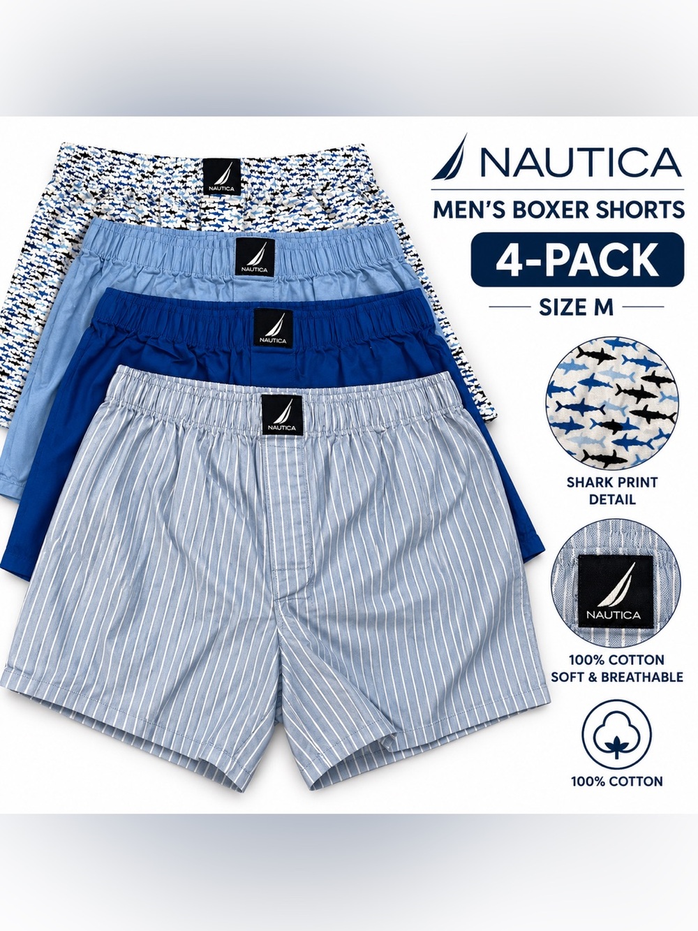 Nautica Men’s Boxer Shorts 4-Pack Size Medium Blue Assorted Cotton NWOT